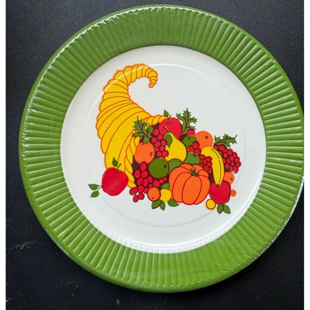 Vintage House of Paper  Coated Cornucopia Fruit Harvest Green Rim Plates Set 8